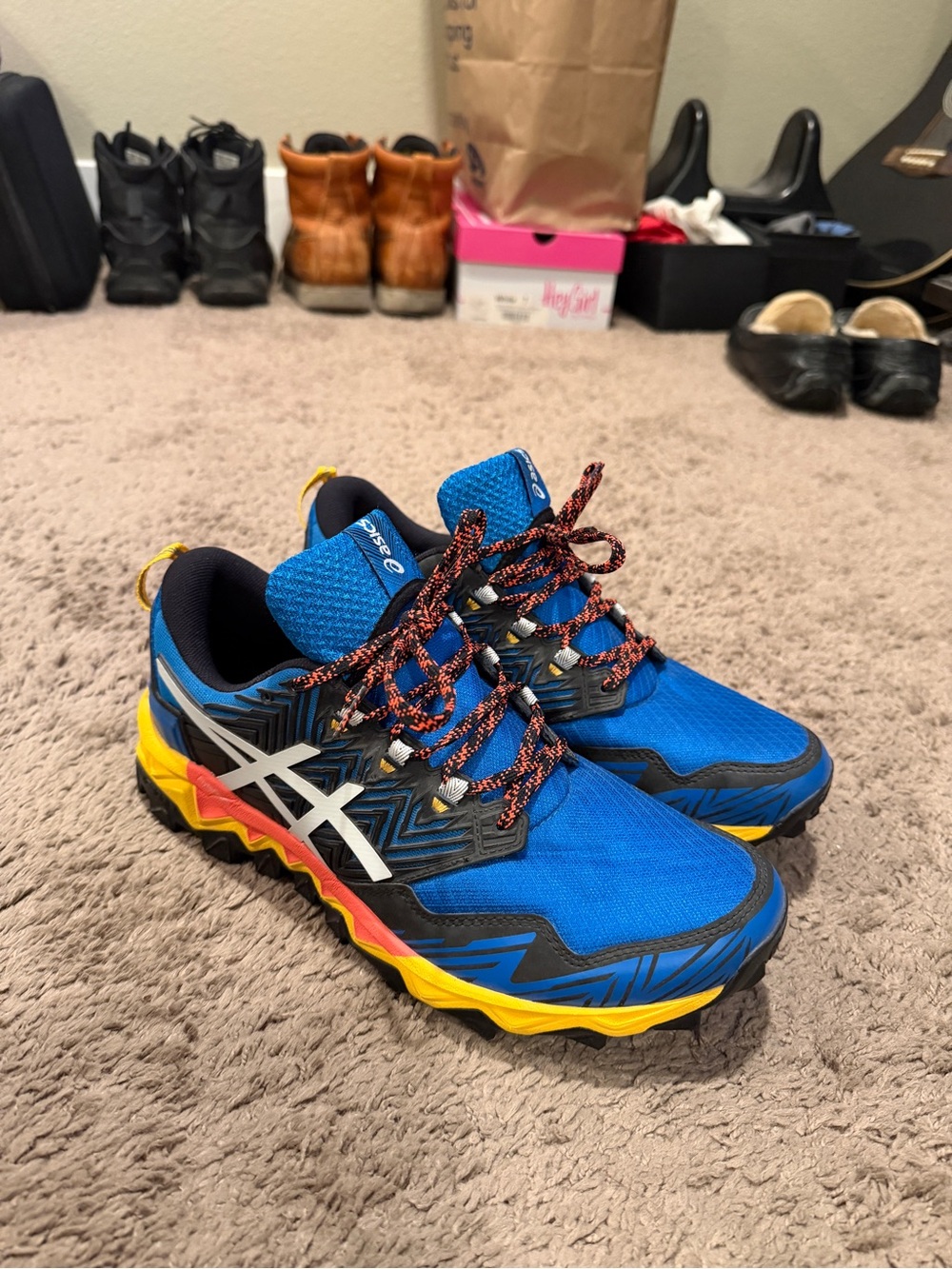 Asics Gel Kayano Blue Trail Sneakers with Yellow and Red Accents
